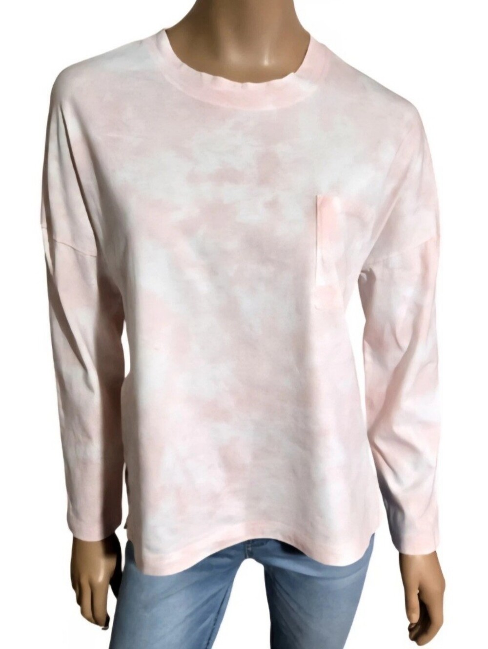 Time & Tru Relaxed Fit Top Dropped Shoulder Long Sleeve Pink/White Tie Dye M/L - Picture 5 of 14